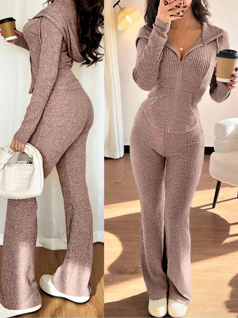 Light Pink Ribbed Hooded Jumpsuit - Brand New